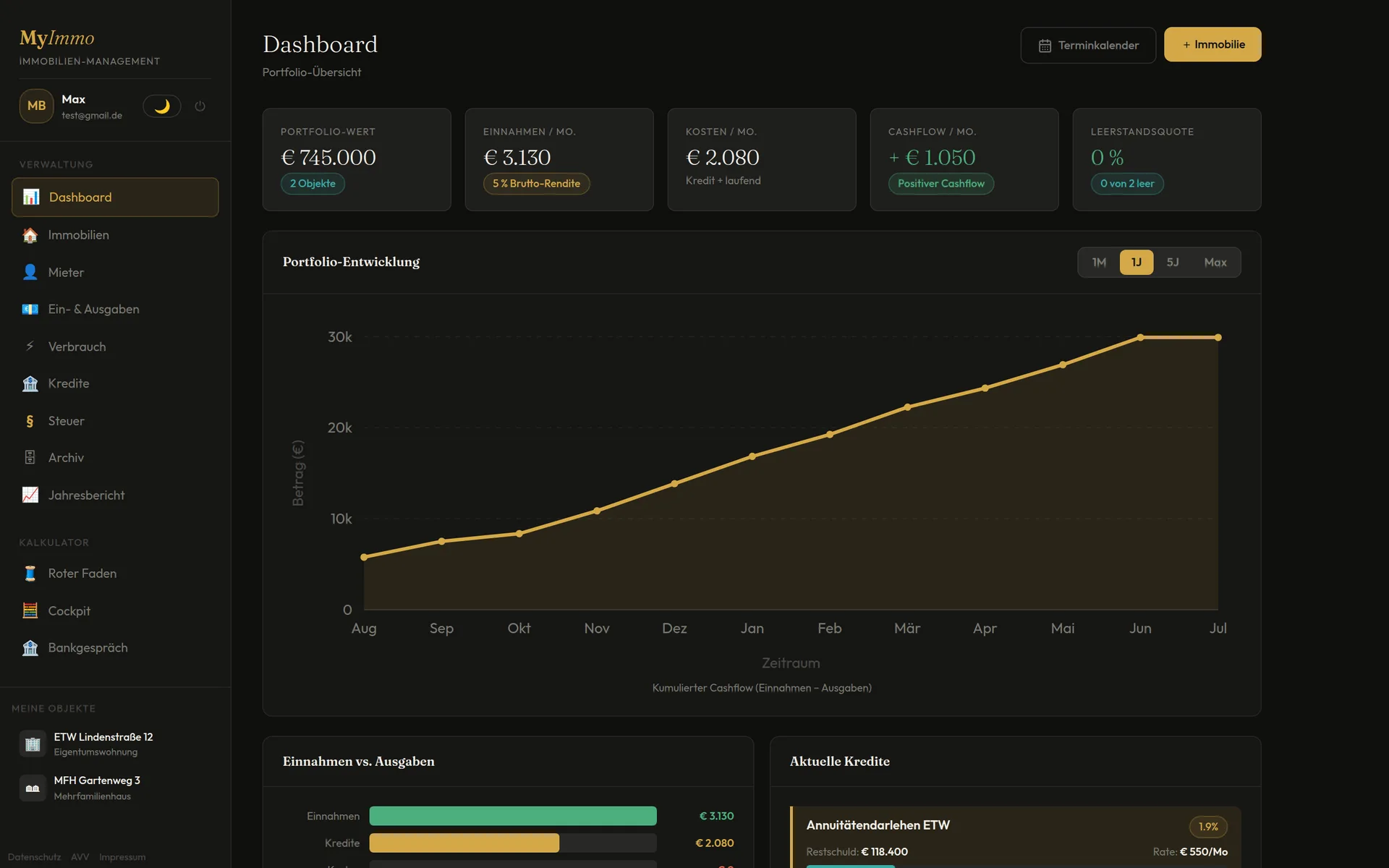 MyImmo-Dashboard mit Portfolio-Wert, Cashflow und Verlaufs-Chart